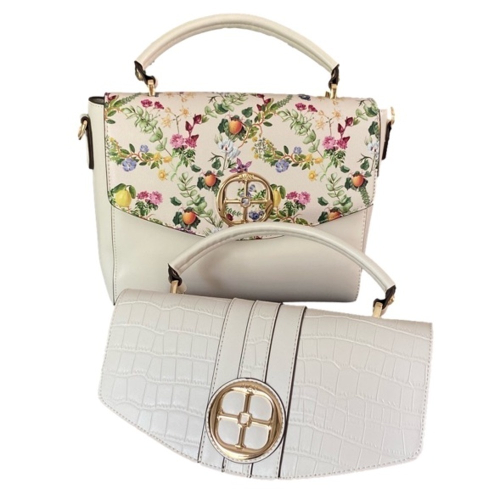 IMAN Global Chic Convertible Flap Satchel Creamy White Fruit/Floral/Cr…
